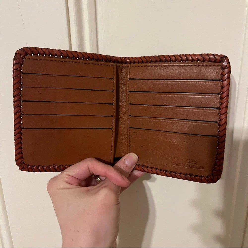 Hand Tooled Leather Wallet Made in Mexico Brown Floral Braided Like New